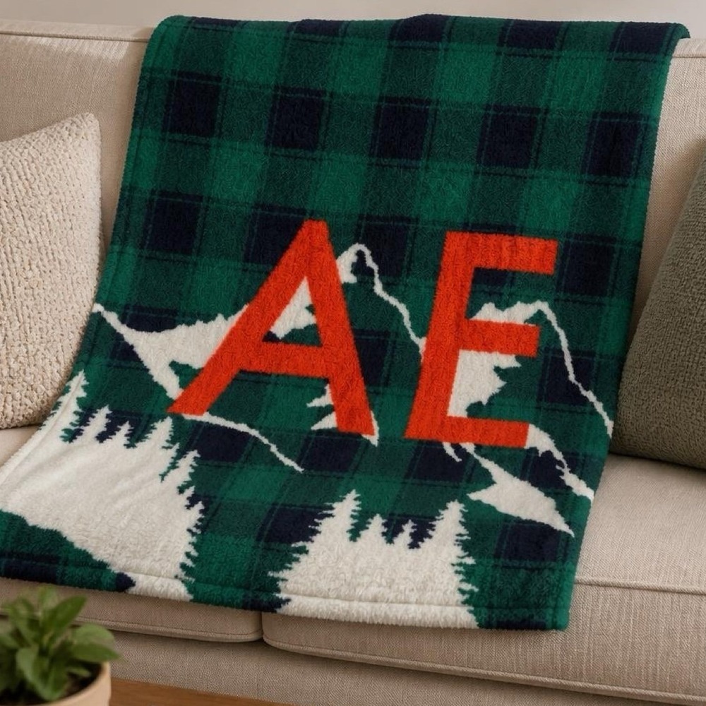 American Eagle Throw Blanket 50x60 Green Buffalo Plaid Sherpa Fleece Mountain